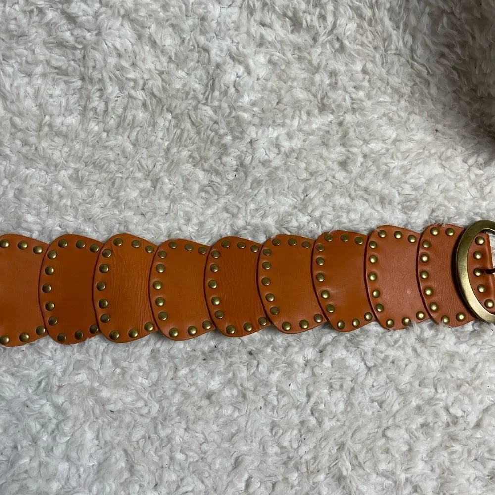 Lake shore Drive leather tan patchwork Belt with brass buckle & studs accents